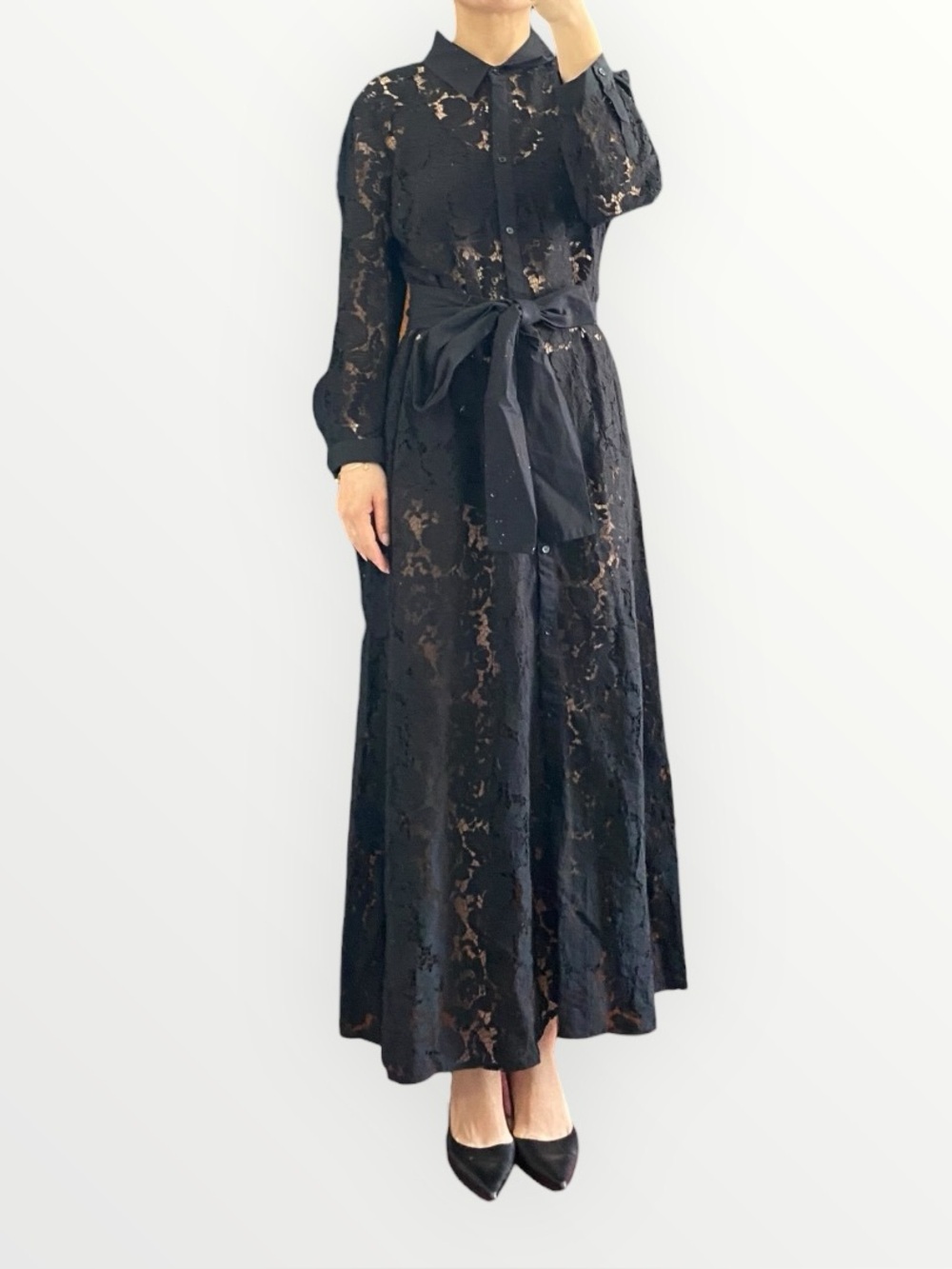 Zara Black Lace Collared Waist Tie Long Dress Size L - Picture 1 of 13